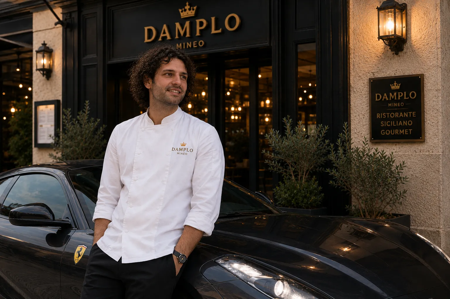Ciccio in posa con una Ferrari davanti a un ristorante