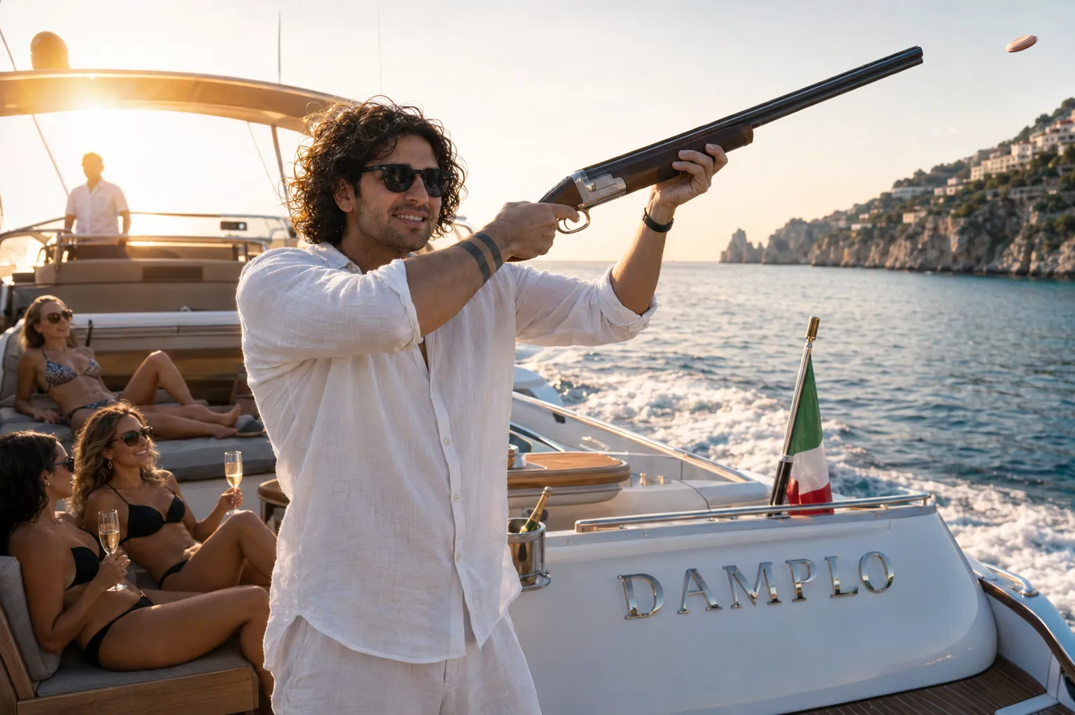 Ciccio che tira al piattello sullo yacht