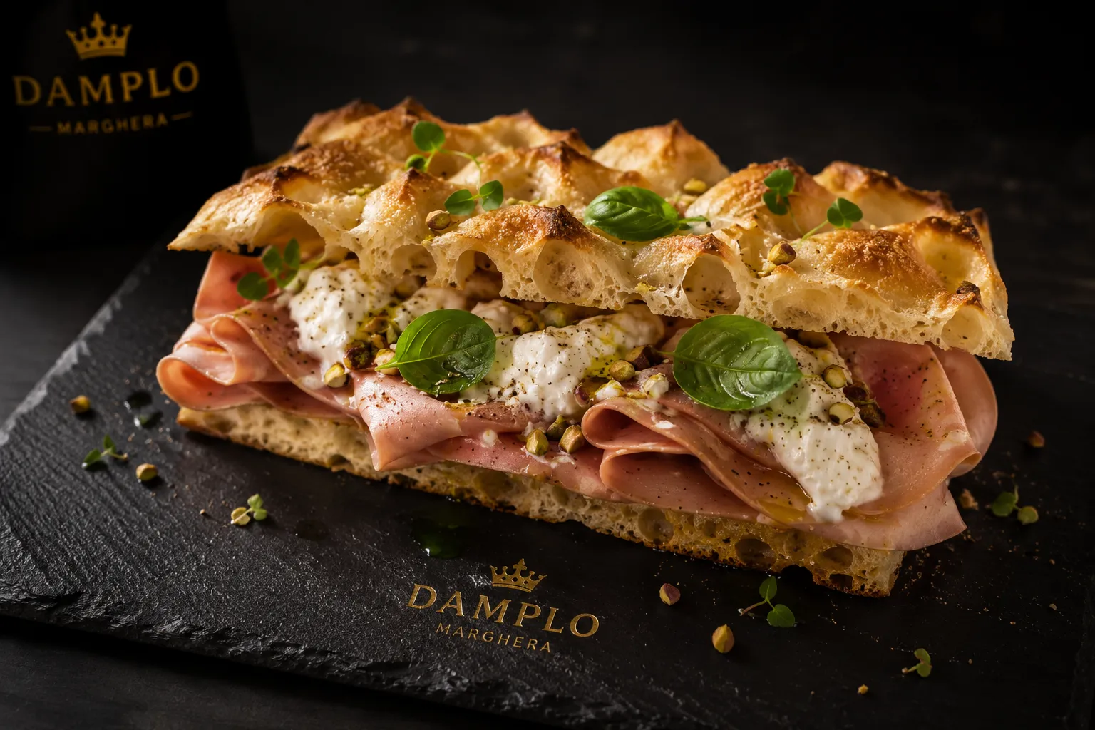Foglio d'Oro — Cialda di Pietra Lavica con Tapenade di Olive Nocellara e Burrata di Giornata